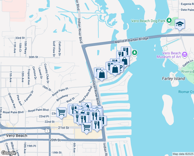 map of restaurants, bars, coffee shops, grocery stores, and more near in Vero Beach
