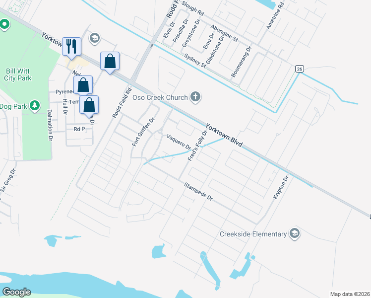 map of restaurants, bars, coffee shops, grocery stores, and more near 7610 Fred's Folly Drive in Corpus Christi