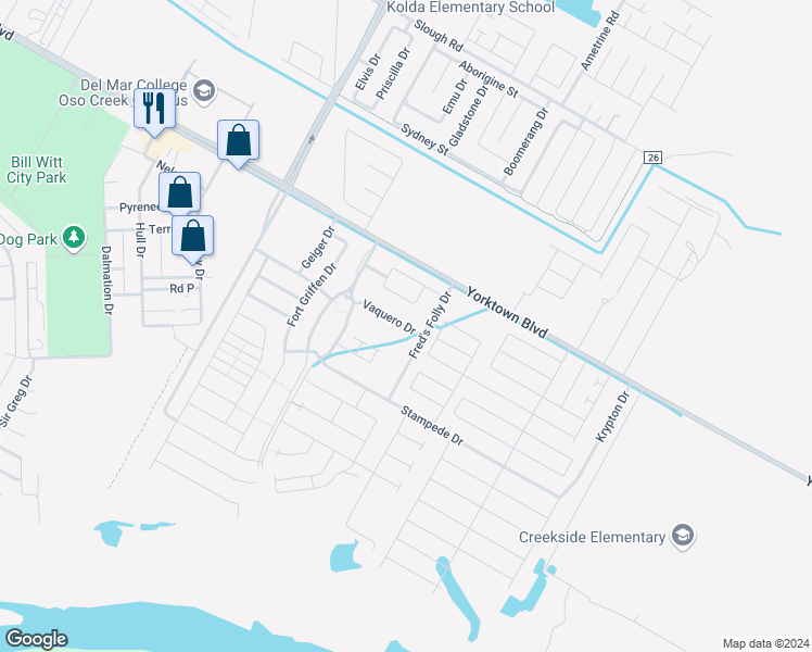 map of restaurants, bars, coffee shops, grocery stores, and more near 7518 Vaquero Drive in Corpus Christi