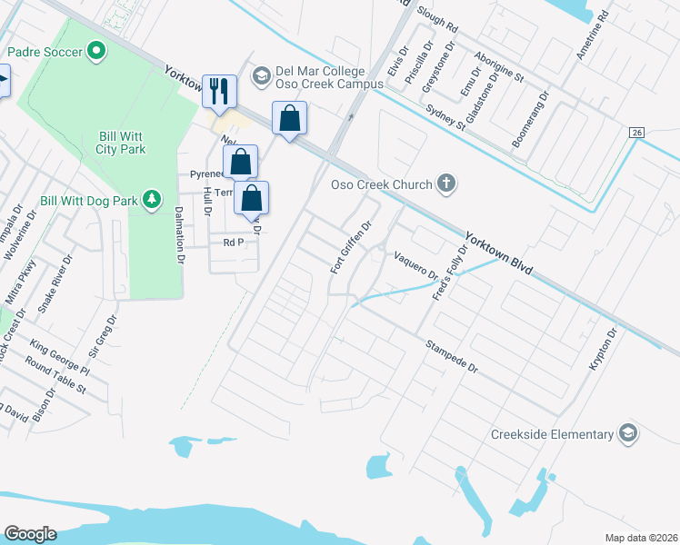map of restaurants, bars, coffee shops, grocery stores, and more near 7622 Fort Griffen Drive in Corpus Christi