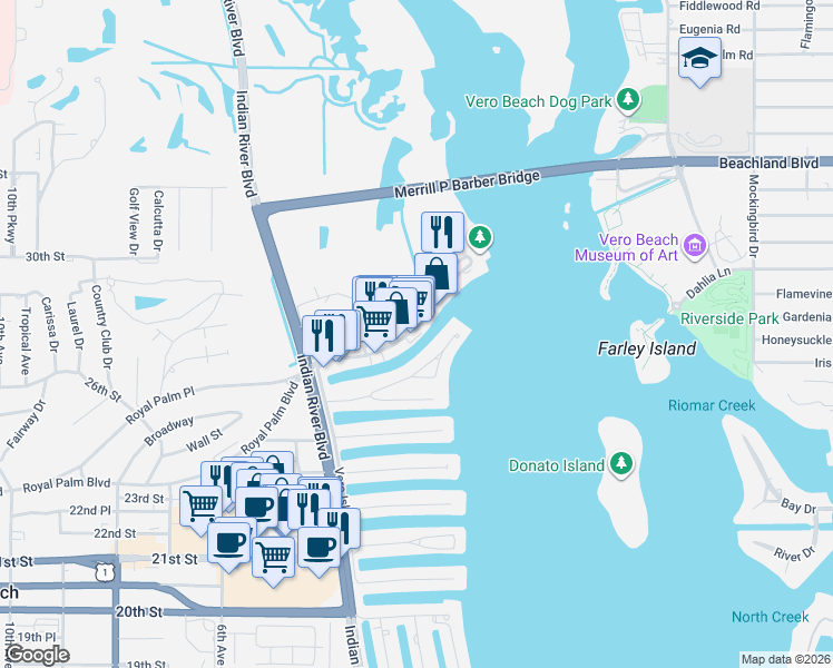 map of restaurants, bars, coffee shops, grocery stores, and more near 12 Royal Palm Pointe in Vero Beach