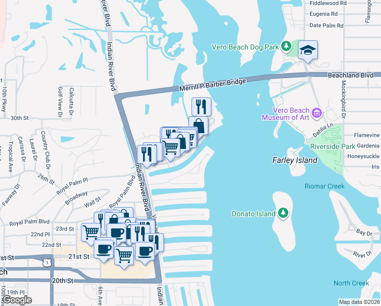 map of restaurants, bars, coffee shops, grocery stores, and more near 12 Royal Palm Pointe in Vero Beach
