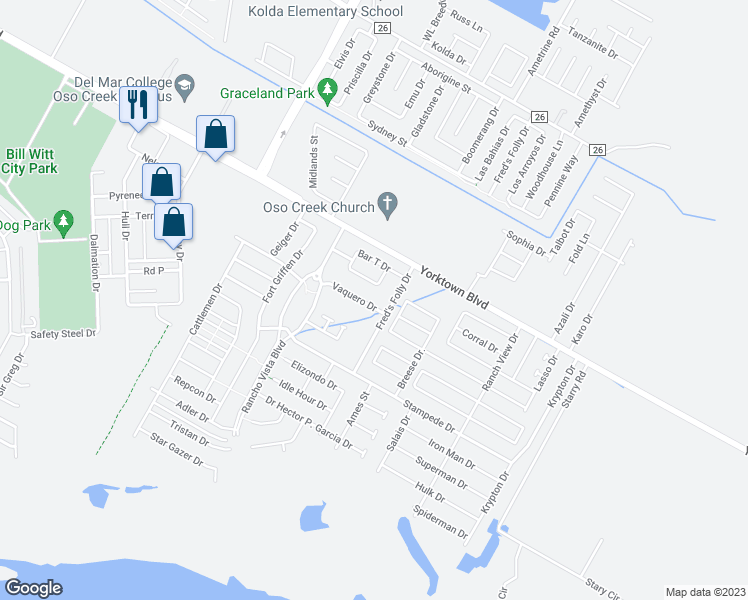 map of restaurants, bars, coffee shops, grocery stores, and more near 7518 Vaquero Drive in Corpus Christi