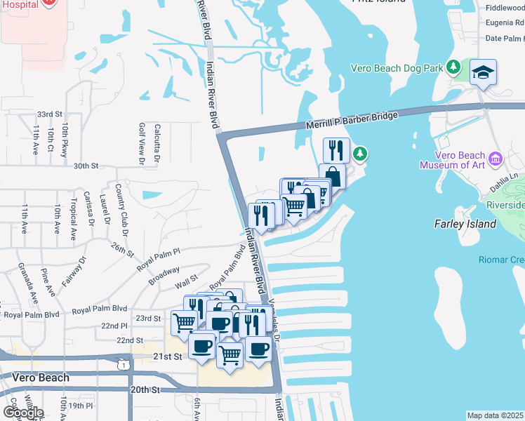 map of restaurants, bars, coffee shops, grocery stores, and more near 2770 Indian River Boulevard in Vero Beach