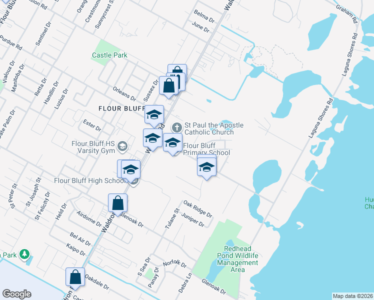 map of restaurants, bars, coffee shops, grocery stores, and more near 2240 Ivy Drive in Corpus Christi
