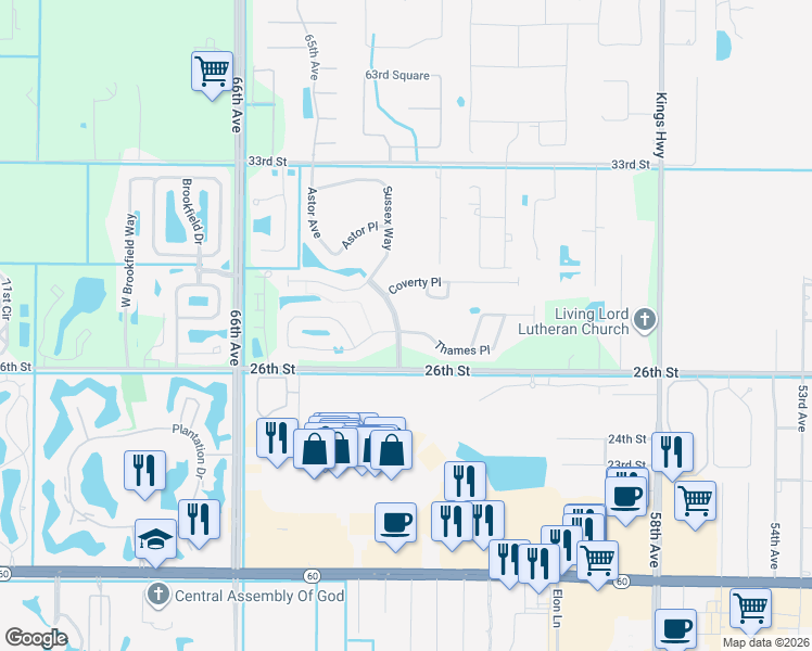 map of restaurants, bars, coffee shops, grocery stores, and more near 6264 Thames Pl in Vero Beach