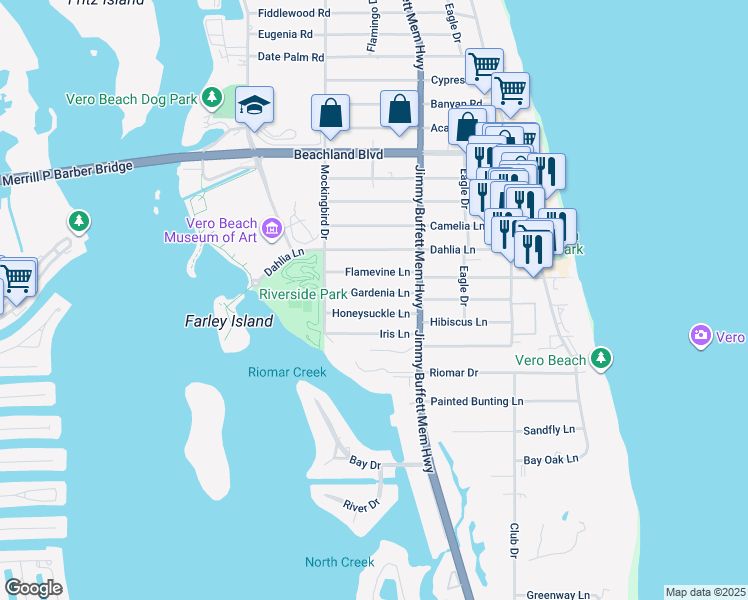 map of restaurants, bars, coffee shops, grocery stores, and more near 556 Gardenia Lane in Vero Beach