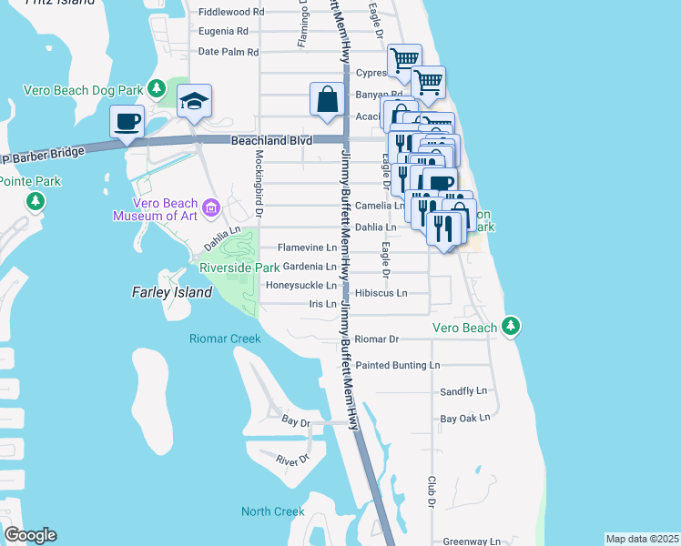 map of restaurants, bars, coffee shops, grocery stores, and more near 646 Gardenia Lane in Vero Beach