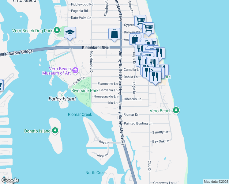 map of restaurants, bars, coffee shops, grocery stores, and more near 646 Gardenia Lane in Vero Beach