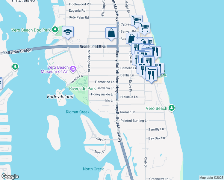 map of restaurants, bars, coffee shops, grocery stores, and more near 626 Gardenia Lane in Vero Beach