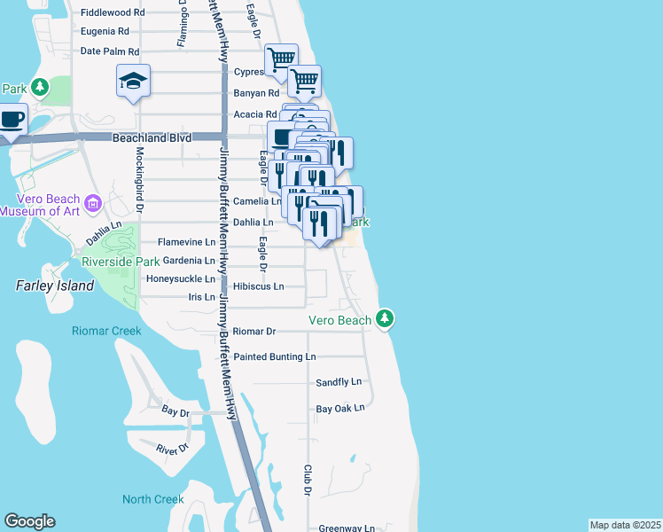 map of restaurants, bars, coffee shops, grocery stores, and more near 2801 Ocean Drive in Vero Beach