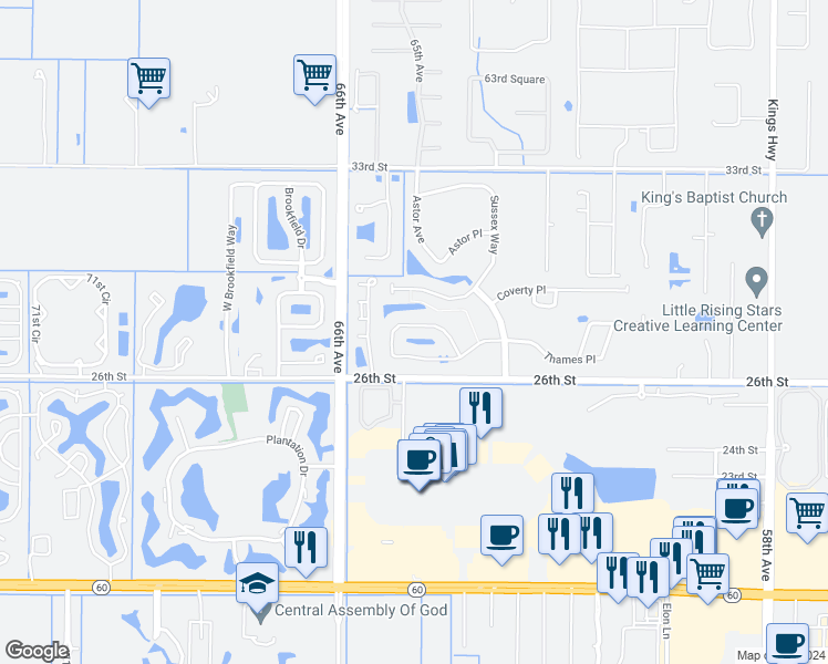 map of restaurants, bars, coffee shops, grocery stores, and more near 6470 Oxford Circle in Vero Beach