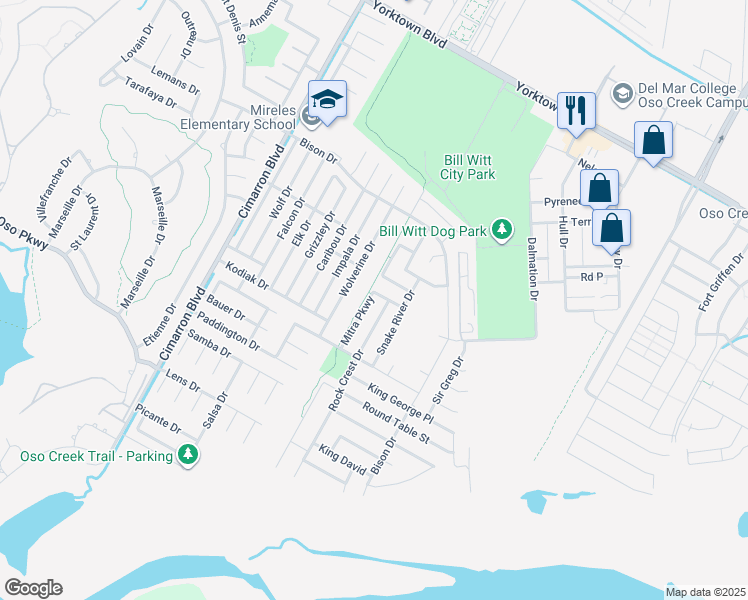 map of restaurants, bars, coffee shops, grocery stores, and more near 7906 Mitra Parkway in Corpus Christi