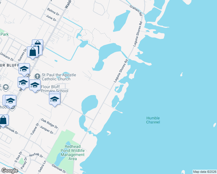 map of restaurants, bars, coffee shops, grocery stores, and more near 210 Lola Johnson Road in Corpus Christi