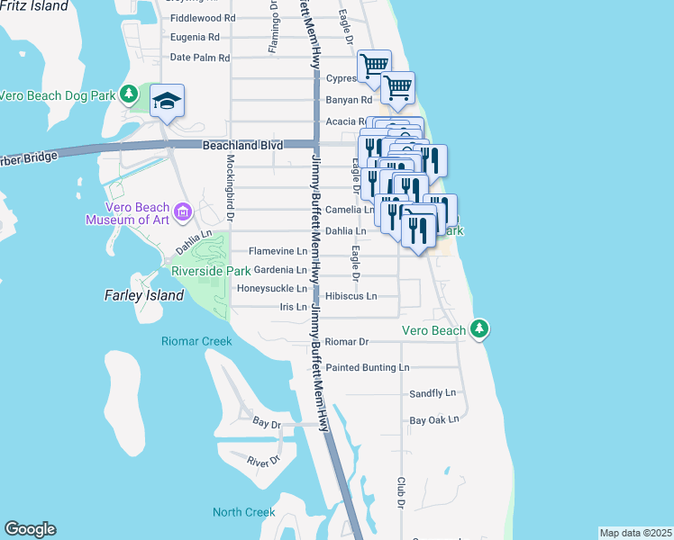 map of restaurants, bars, coffee shops, grocery stores, and more near 725 Gayfeather Lane in Vero Beach