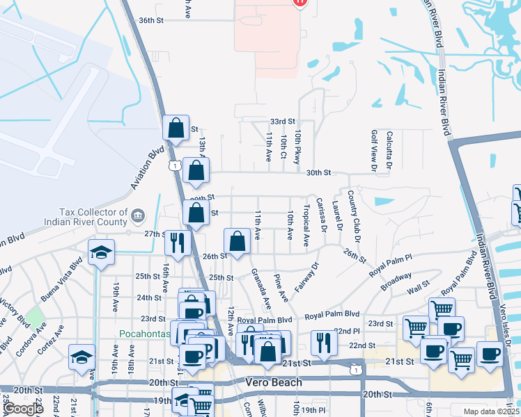 map of restaurants, bars, coffee shops, grocery stores, and more near 1090 28th Street in Vero Beach