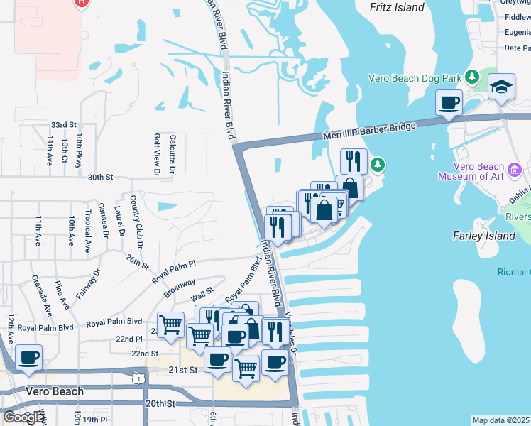map of restaurants, bars, coffee shops, grocery stores, and more near 2800 Indian River Boulevard in Vero Beach