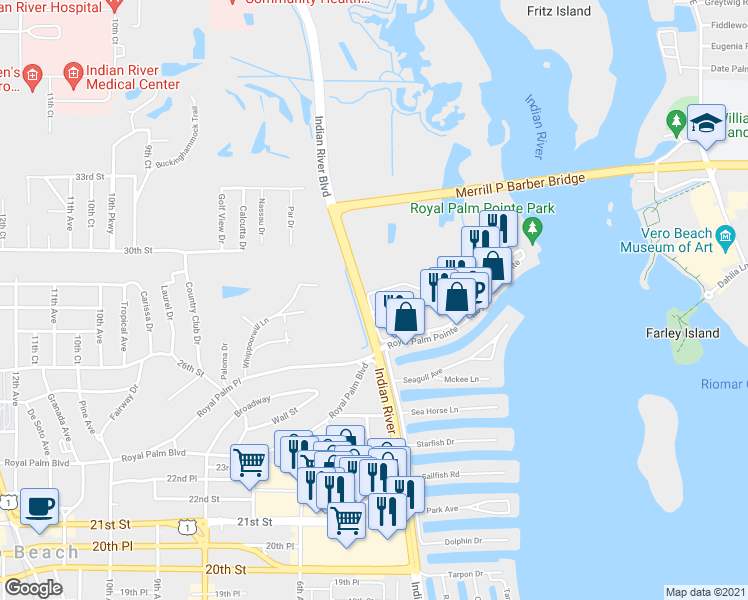map of restaurants, bars, coffee shops, grocery stores, and more near 2800 Indian River Boulevard in Vero Beach