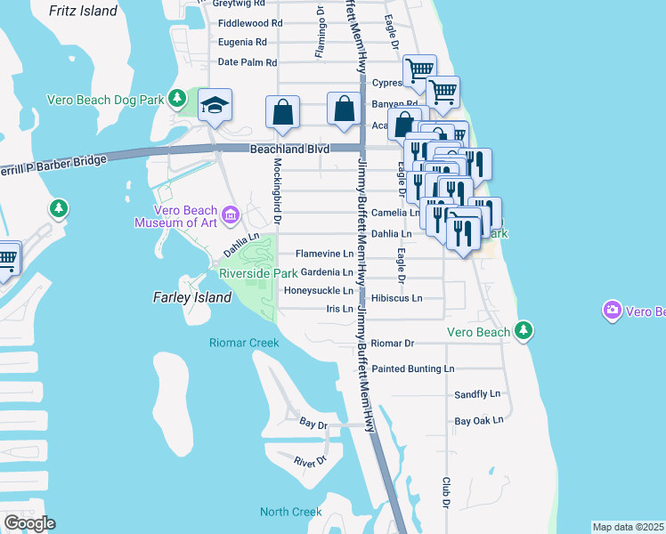 map of restaurants, bars, coffee shops, grocery stores, and more near 556 Gardenia Lane in Vero Beach