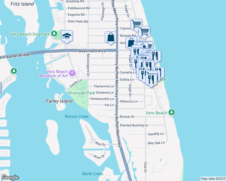 map of restaurants, bars, coffee shops, grocery stores, and more near 646 Gardenia Lane in Vero Beach