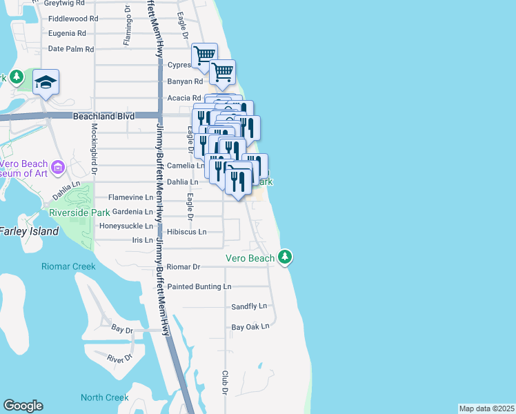 map of restaurants, bars, coffee shops, grocery stores, and more near 2801 Ocean Drive in Vero Beach