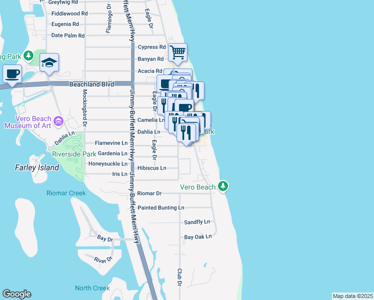 map of restaurants, bars, coffee shops, grocery stores, and more near 835 Gayfeather Lane in Vero Beach