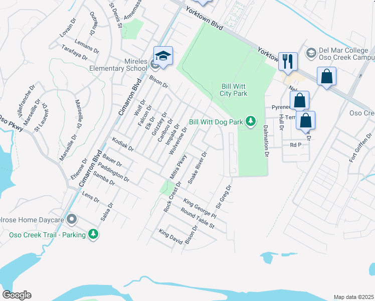 map of restaurants, bars, coffee shops, grocery stores, and more near 7906 Mitra Parkway in Corpus Christi