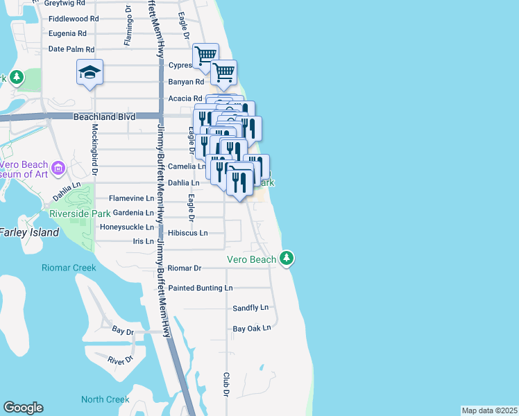 map of restaurants, bars, coffee shops, grocery stores, and more near 1026 Flamevine Lane in Vero Beach