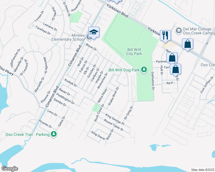 map of restaurants, bars, coffee shops, grocery stores, and more near 7906 Mitra Parkway in Corpus Christi