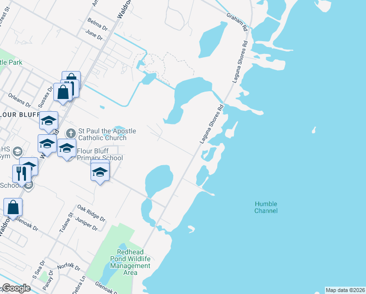 map of restaurants, bars, coffee shops, grocery stores, and more near 210 Lola Johnson Road in Corpus Christi