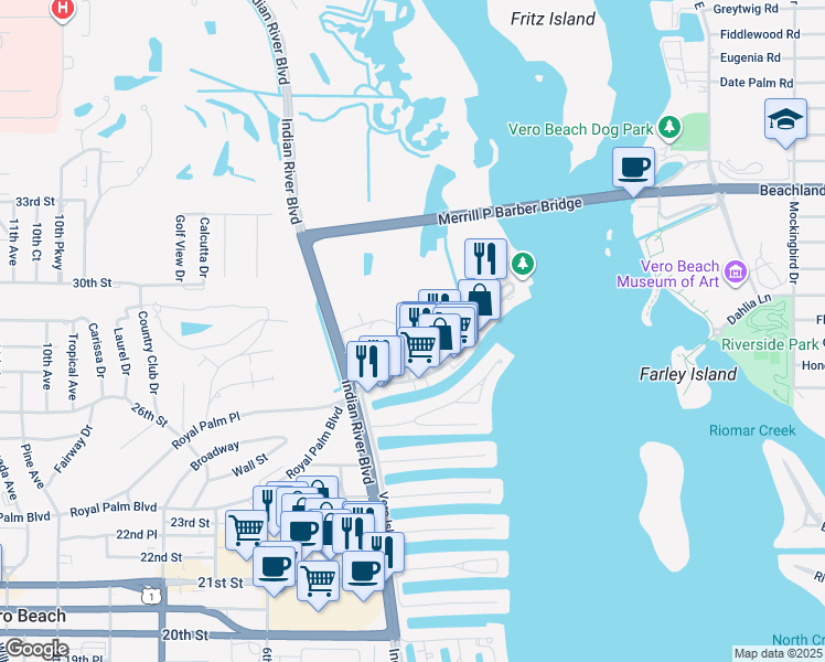 map of restaurants, bars, coffee shops, grocery stores, and more near 2800 Indian River Boulevard in Vero Beach