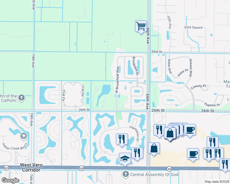 map of restaurants, bars, coffee shops, grocery stores, and more near 2681 West Brookfield Way in Vero Beach