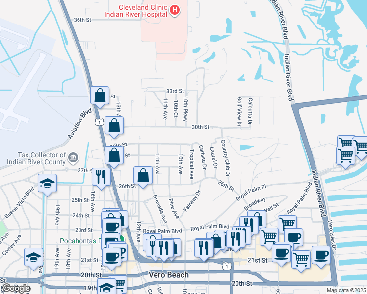 map of restaurants, bars, coffee shops, grocery stores, and more near 2816 10th Avenue in Vero Beach
