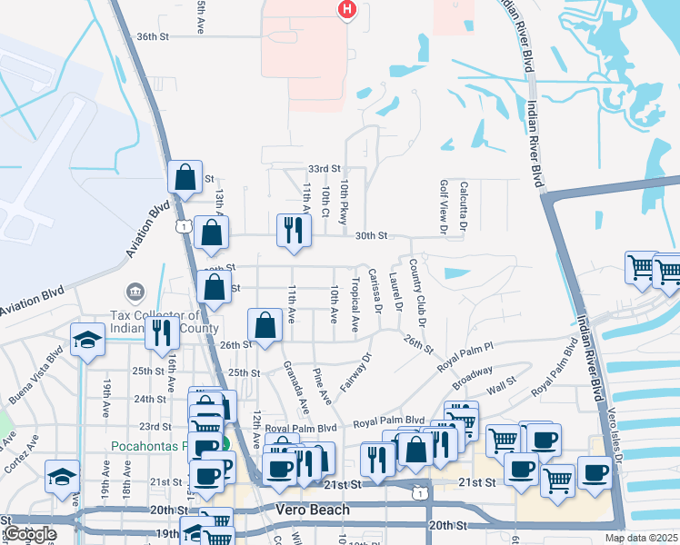 map of restaurants, bars, coffee shops, grocery stores, and more near 2816 10th Avenue in Vero Beach