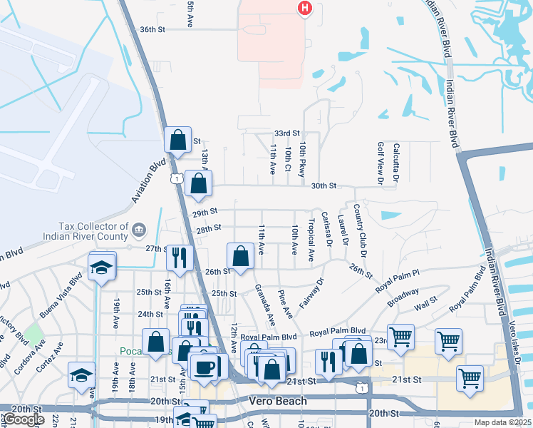 map of restaurants, bars, coffee shops, grocery stores, and more near 1090 28th Street in Vero Beach