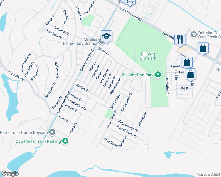 map of restaurants, bars, coffee shops, grocery stores, and more near 7942 Impala Drive in Corpus Christi