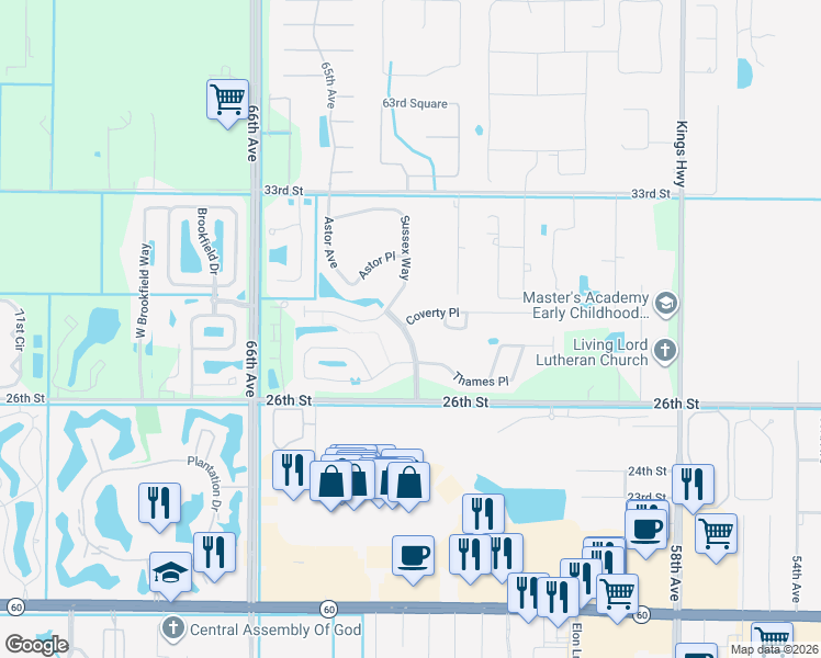 map of restaurants, bars, coffee shops, grocery stores, and more near 6264 Thames Place in Vero Beach