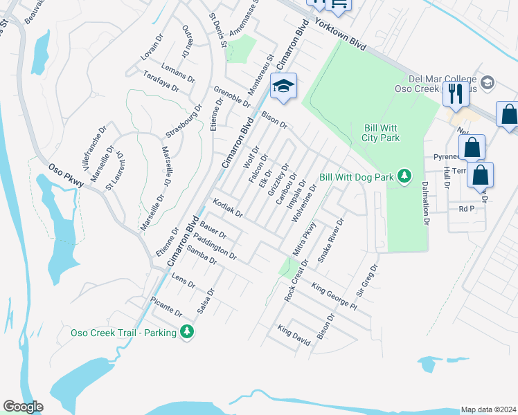 map of restaurants, bars, coffee shops, grocery stores, and more near 7922 Elk Drive in Corpus Christi