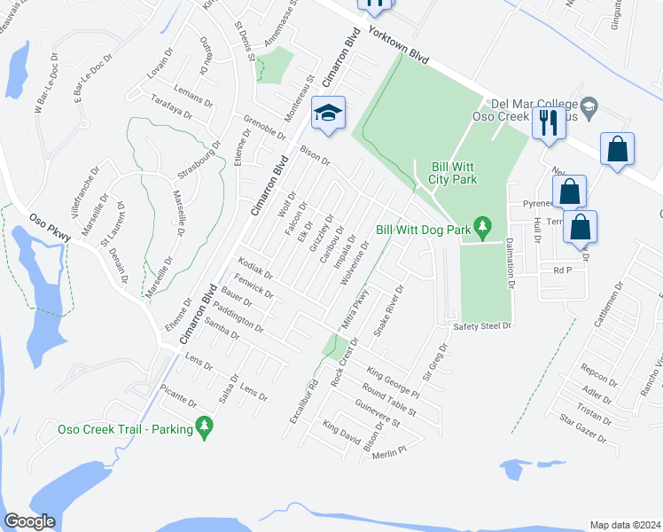 map of restaurants, bars, coffee shops, grocery stores, and more near 7917 Impala Drive in Corpus Christi