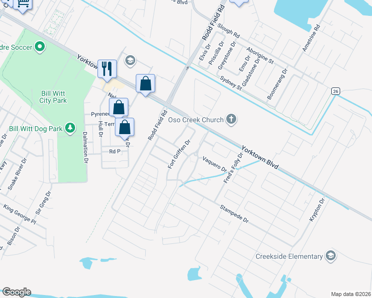 map of restaurants, bars, coffee shops, grocery stores, and more near 7546 Fort Griffen Drive in Corpus Christi