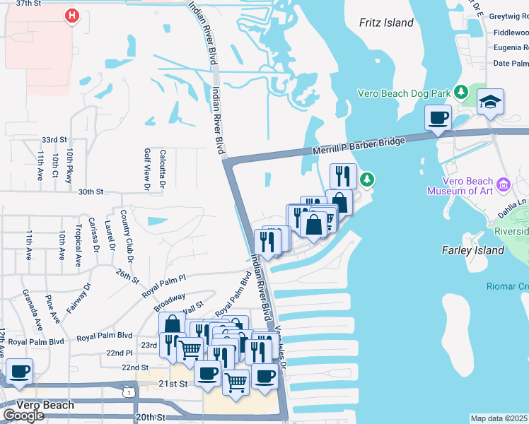 map of restaurants, bars, coffee shops, grocery stores, and more near in Vero Beach