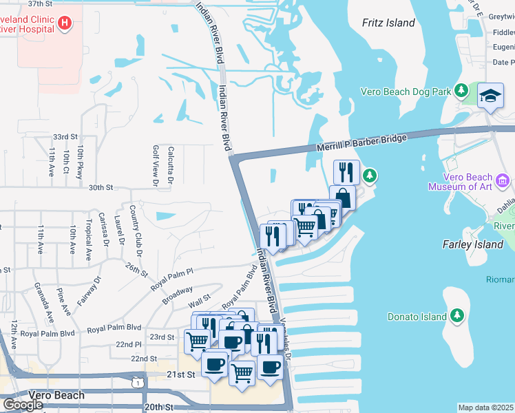 map of restaurants, bars, coffee shops, grocery stores, and more near in Vero Beach
