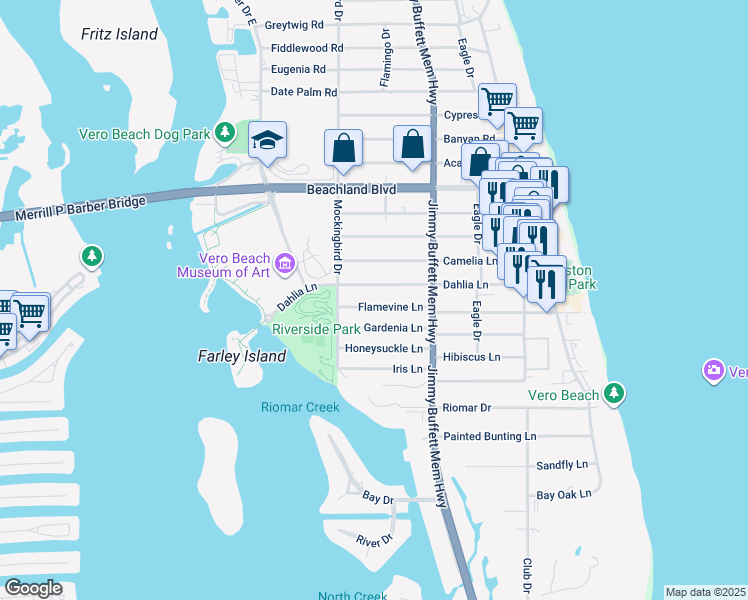 map of restaurants, bars, coffee shops, grocery stores, and more near 606 Dahlia Lane in Vero Beach