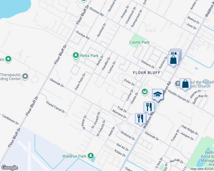 map of restaurants, bars, coffee shops, grocery stores, and more near 941 Grand View Street in Corpus Christi