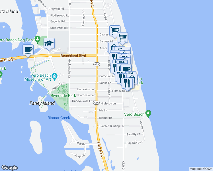 map of restaurants, bars, coffee shops, grocery stores, and more near in Vero Beach