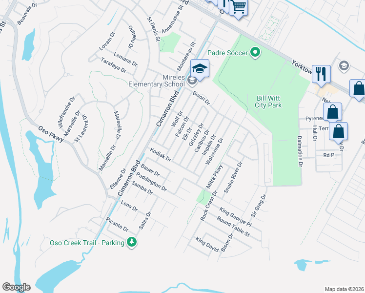 map of restaurants, bars, coffee shops, grocery stores, and more near 7922 Elk Drive in Corpus Christi