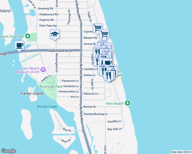 map of restaurants, bars, coffee shops, grocery stores, and more near 818 Dahlia Ln in Vero Beach