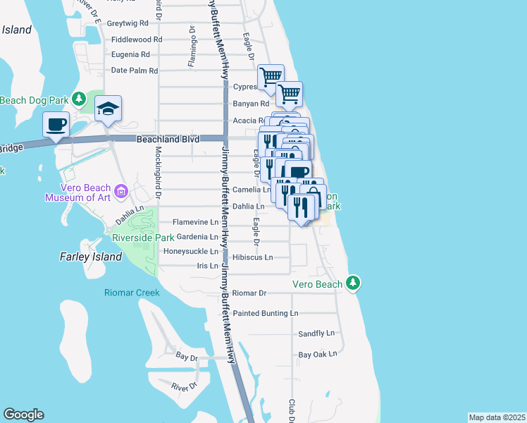 map of restaurants, bars, coffee shops, grocery stores, and more near 812 Dahlia Lane in Vero Beach