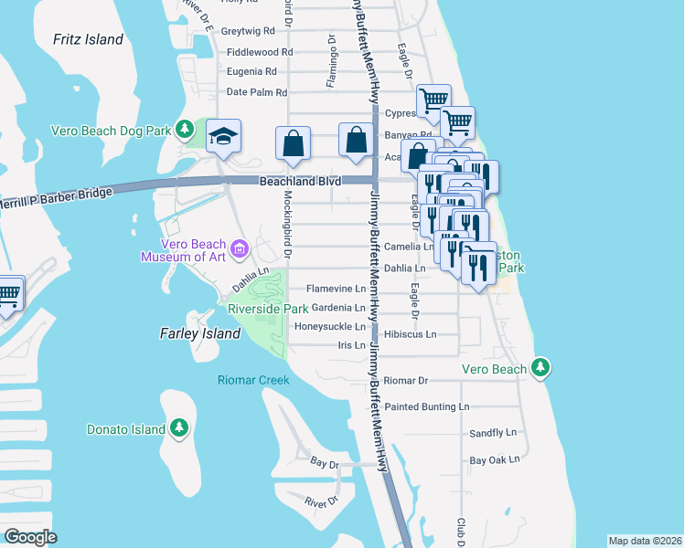 map of restaurants, bars, coffee shops, grocery stores, and more near 606 Dahlia Lane in Vero Beach