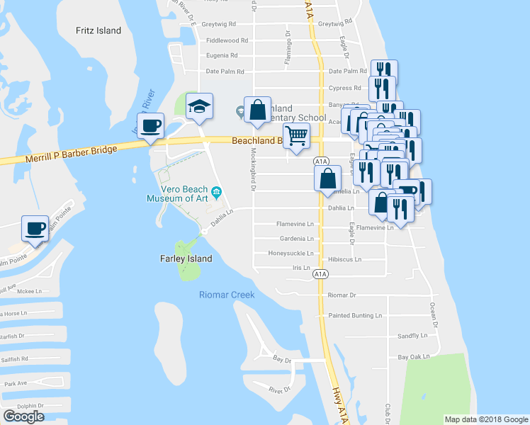 map of restaurants, bars, coffee shops, grocery stores, and more near 520 Dahlia Lane in Vero Beach